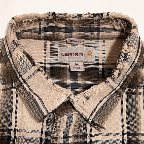 Carhartt Tartan Plaid Button Down Shirt Size XL Tall Work Brown Beige Tan Cotton - Picture 6 of 12